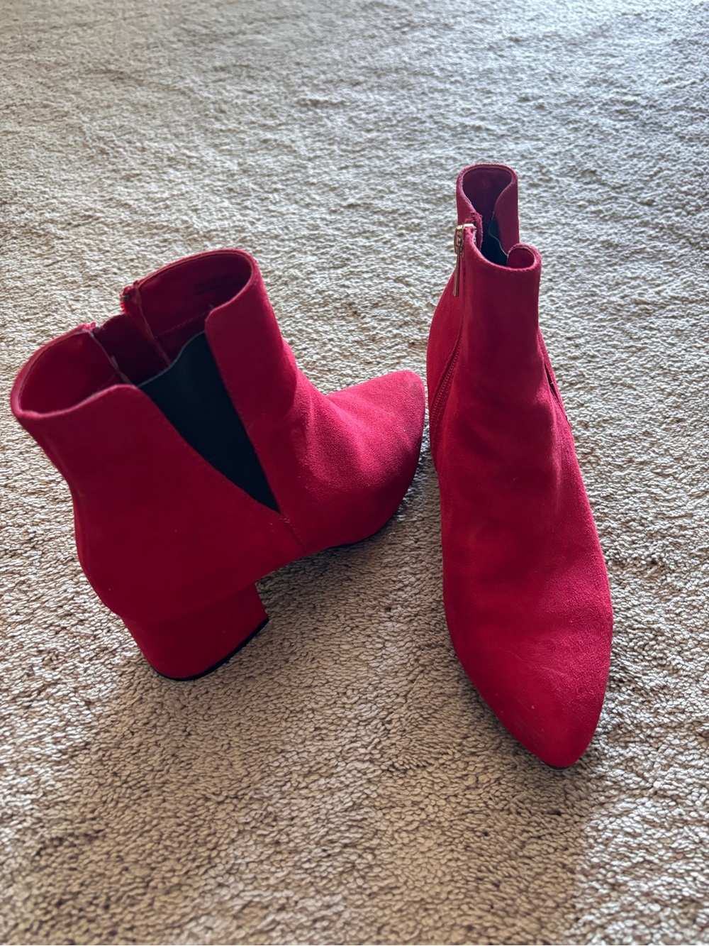 BAMBOO Red Suede Pointed Ankle Booties with Block Heel